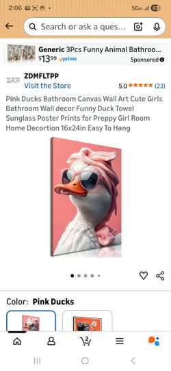 Pink Ducks Bathroom Canvas Wall Art Cute Girls Bathroom Wall decor Funny Duck Towel Sunglass Poster Prints for Preppy Girl Room Home Decortion 16x24in