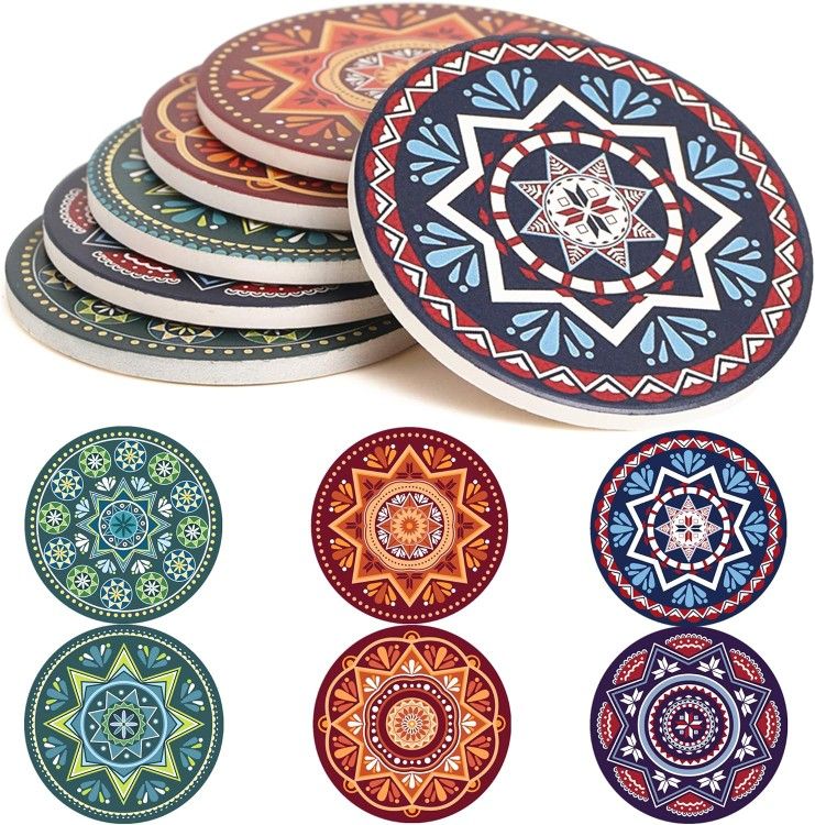Coasters For Drinks Absorbent - 6 Pretty Mandala Patterns on 4.3 inch Big Ceramic Stone with Cork Back, Thirsty Mats Keep Furniture Free of Damage