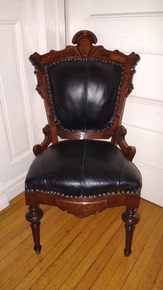 Antique Refinished Leather Covered Chair 