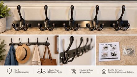 REROSER 5-Hook Wall Mounted Coat Rack – Black Metal