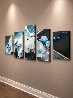 5-Piece Blue and White Orchid Canvas Wall Art Set