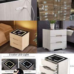 Brand New Smart Nightstand OLD CAPTAIN Nightstands Wireless Charging Station and LED Lights Modern End Side Table with 3 Drawer Nightstand Storage C