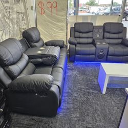New In Stock Black LED Speaker Recliner 2pc Sofa Loveseat Special 