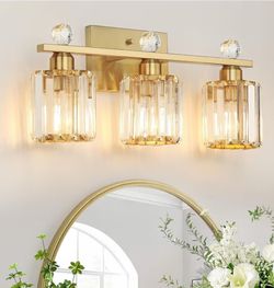 (Brand New in Box)  3-Light Gold Bathroom Light Fixtures,Modern Bathroom Vanity Lights Fixture with Clear Crystal Glass Shade, Modern Crystal 3 Lights