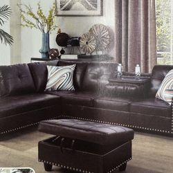 Espresso Brown Leather Sectional Couch With Drop Down Table 