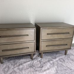 Set(2) 2 Drawer Wooden Nightstand with Bar Handles, Antique Mocha