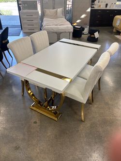White and Gold Dining Table with 4 Chairs