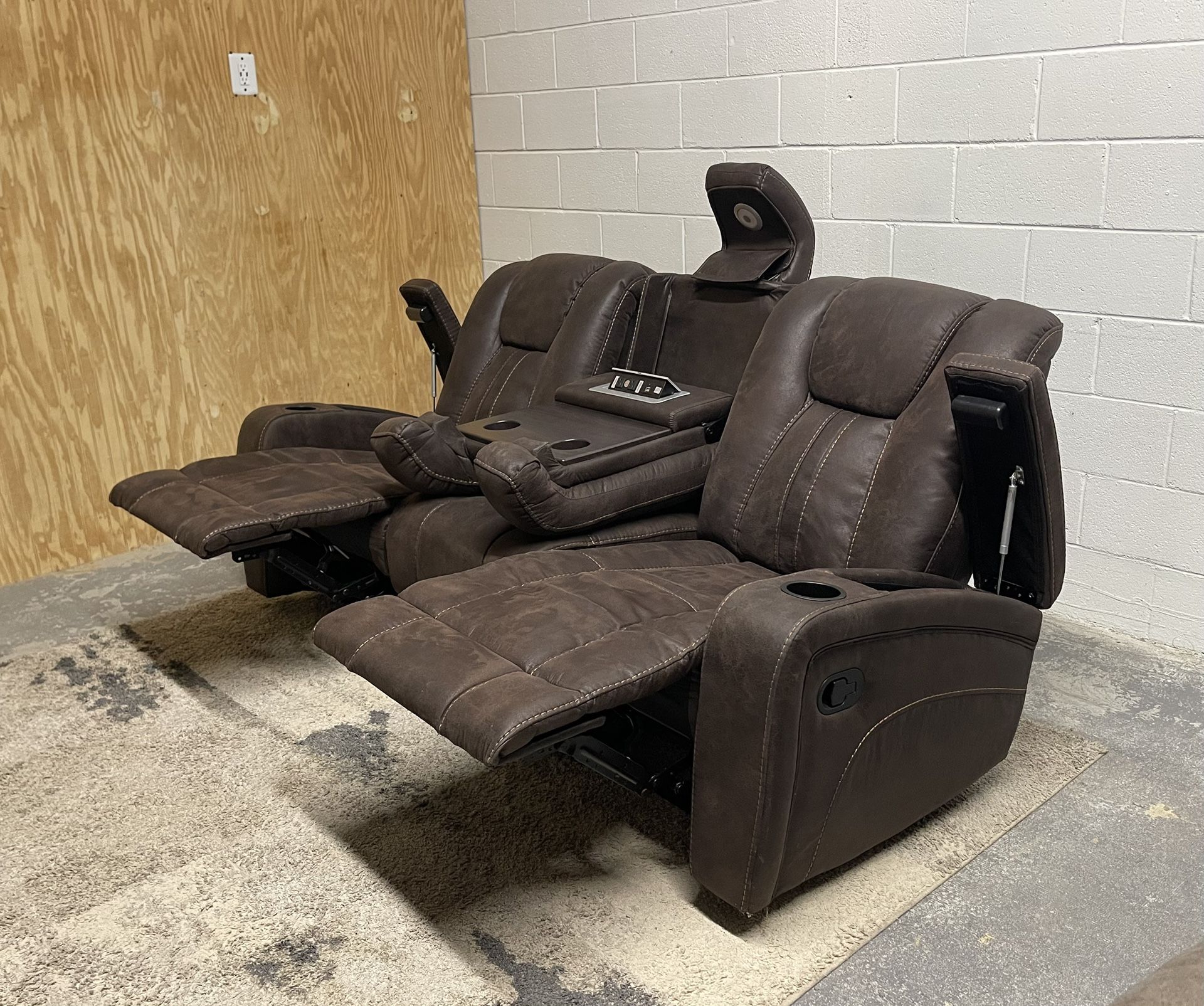 Brown Recliner Sofa with Storage & Console with Outlets, Light & Cup Holders