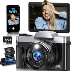 4K Digital Camera for Photography with WiFi,64MP Autofocus Vlogging Camera for YouTube,3'' 180° Flip Screen Compact Travel Camera for Teens with 32GB 