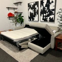West Elm Henry Gray Sectional With Storage Chaise & Full Size Pullout Mattress