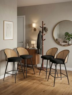 Rattan Swivel  Black Bar Stools Set of 4 – 26” Counter Height, Boucle Fabric Seats – Already Assembl