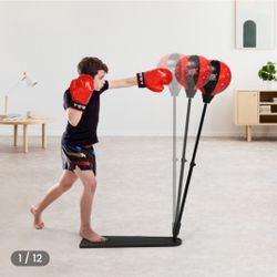 Kids Punching Bag w/Adjustable Stand Boxing Gloves Boxing Set, Red