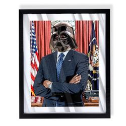 This striking 12x10 black-framed print reimagines Darth Vader as President of the Galaxy, dressed in a sharp suit and standing in the iconic Oval Offi