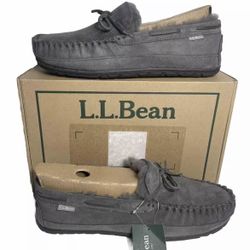 LL Bean Wicked Good Moccasin Slippers Men's 12W Graphite Leather Sherpa Lined