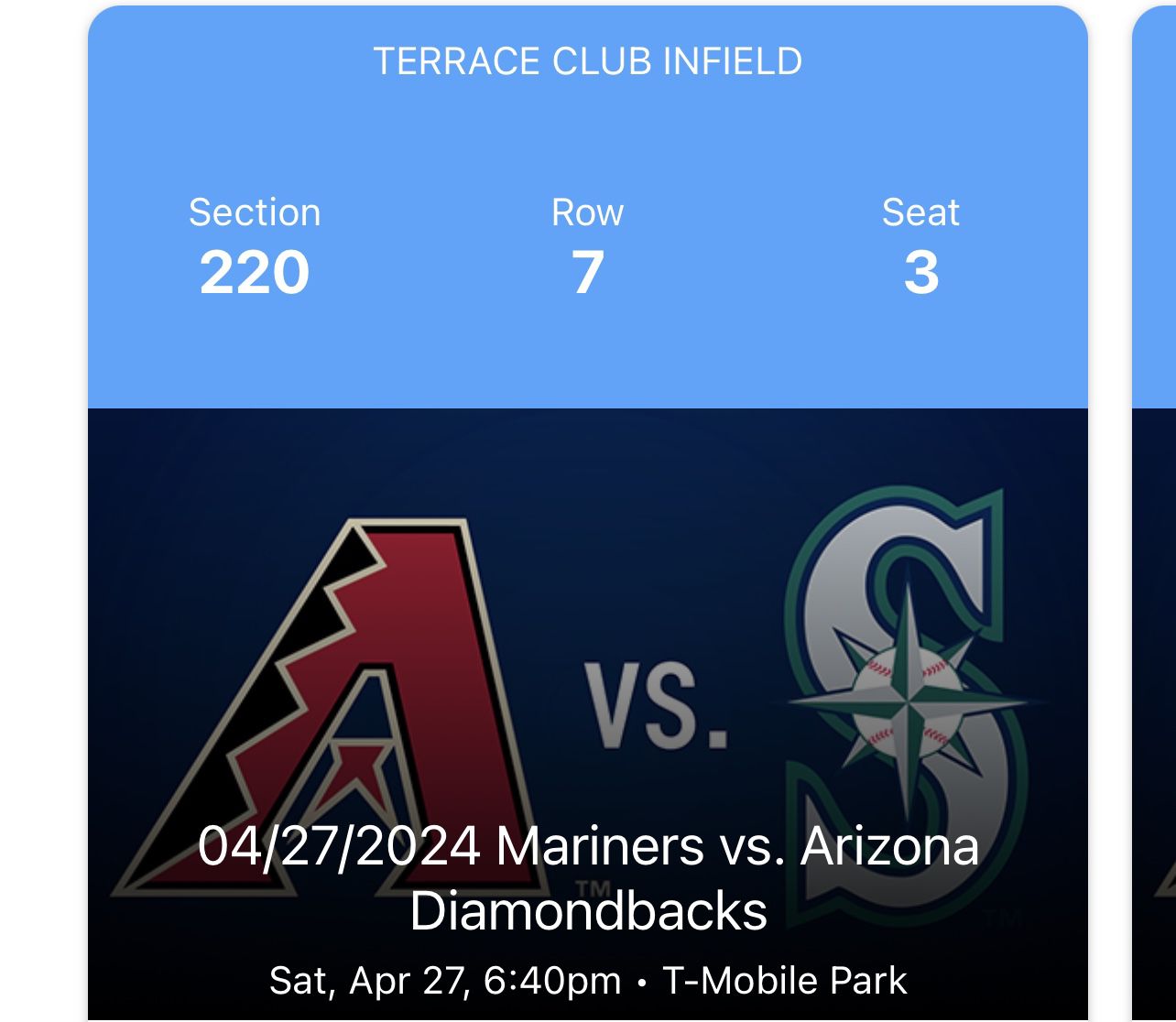 Seattle Mariners Tickets Infield Terrace Club Saturday 4/27 vs Diamondbacks