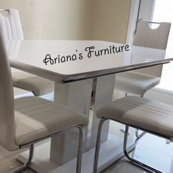 Expandable White Glossy Dining Table Set
