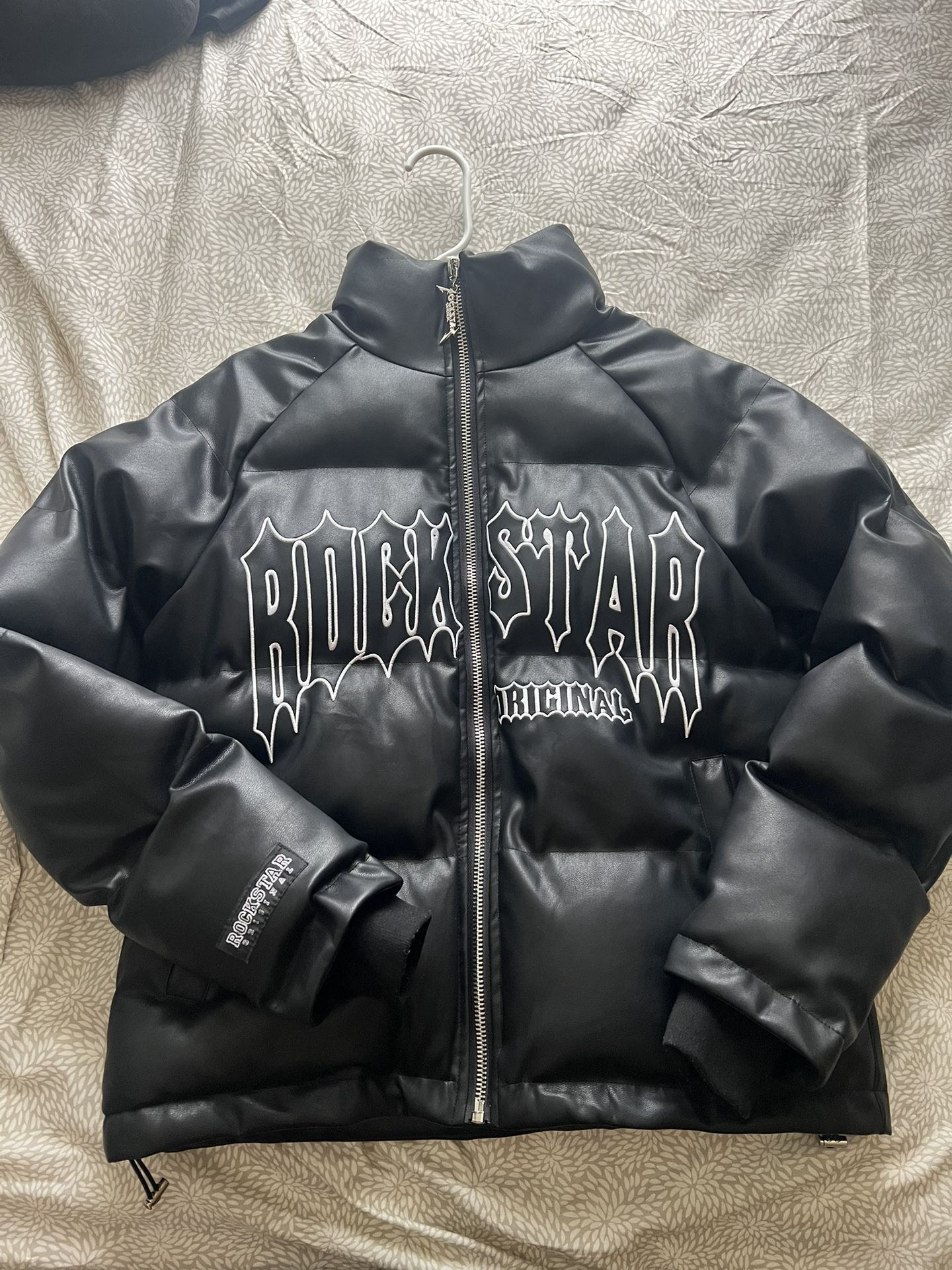 Rockstar Original black leather type puffer jacket  With unique zipper