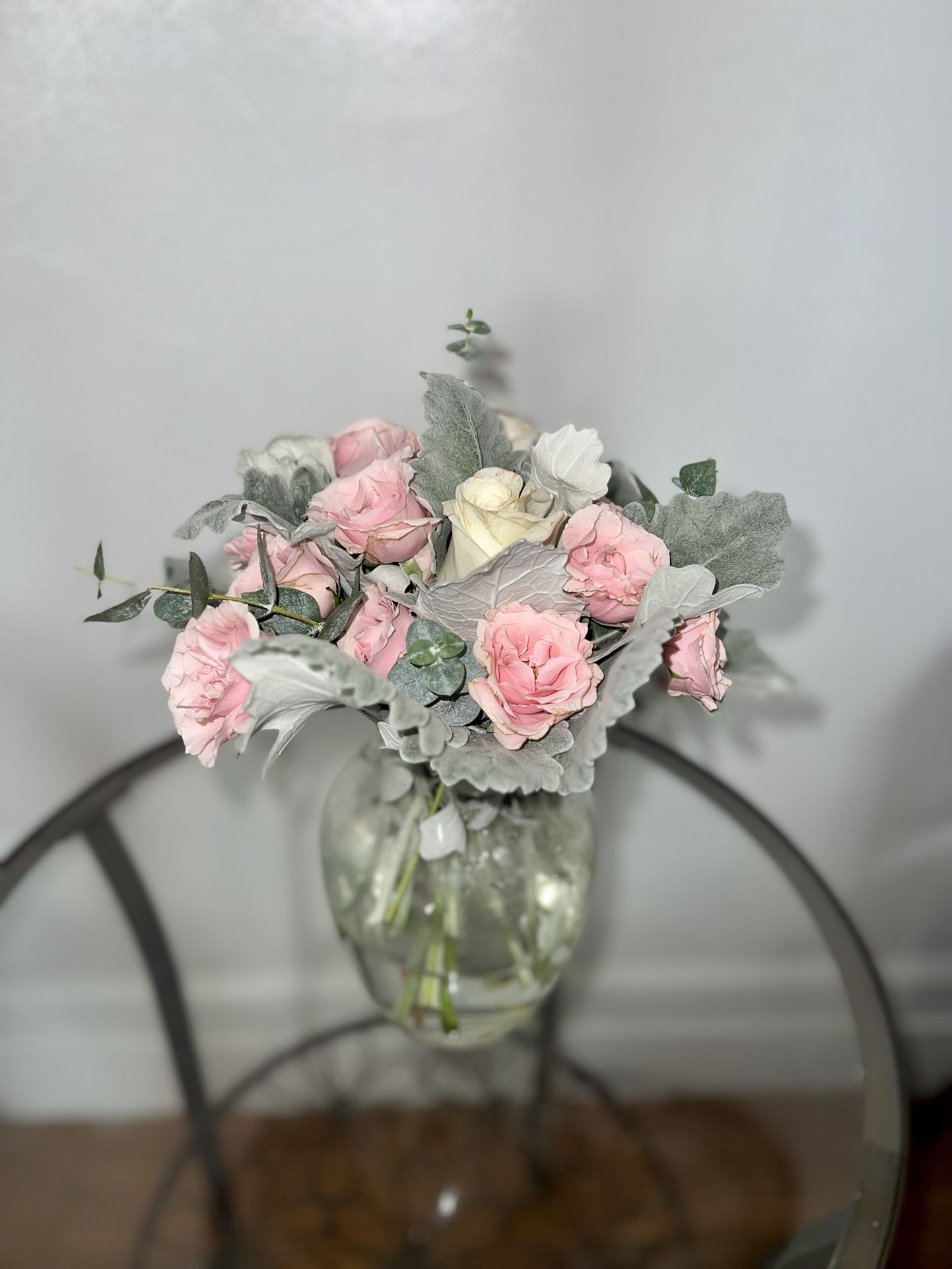 Dusty miller Pink And White Roses bouquet 