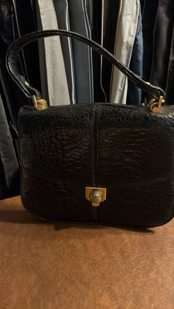 Black Textured Leather Handbag with Gold Hardware