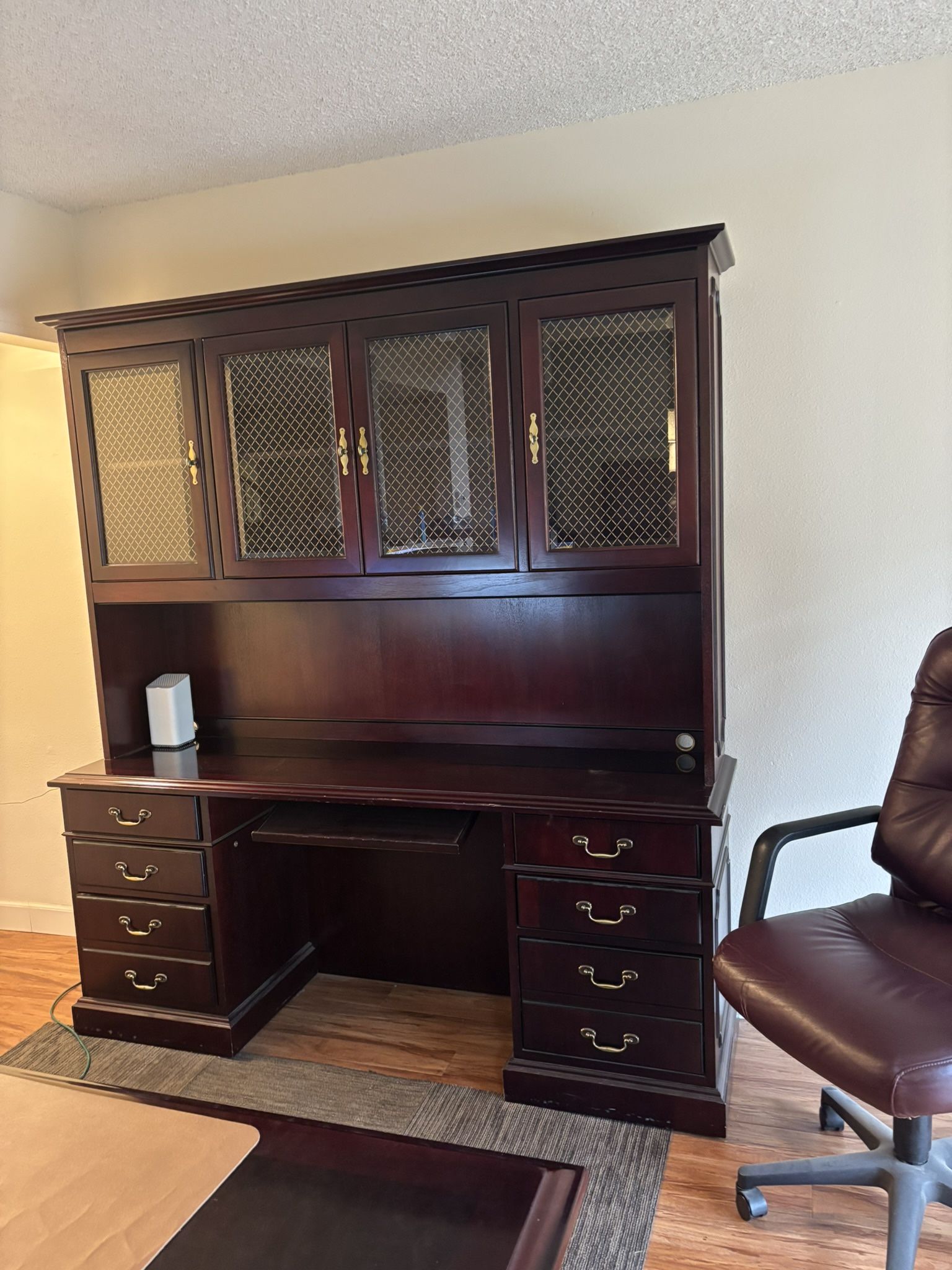 Desk With Overhead Glass-Door Cabinet Bookcase