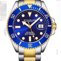 Stuhrling LUXURY WATCH Men's Dive GOLD BLUE Dial /NEW + ACCESORIES