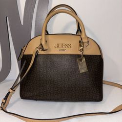 *GUESS* Two-Tone Leather Dome Satchel W/ Crossbody Strap.