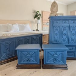 Bedroom Set Custom Painted In Coastal Blue. Comes With Triple Dresser, Tall Dresser Armoire And Two Nightstands.