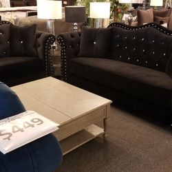 Brand New Black Velvet Modern Sofa + Loveaeat 2PCs Set