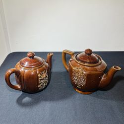 2 Brown Betty Teapot Hand Painted Floral & Lattice Glazed Finish  Made in Japan
