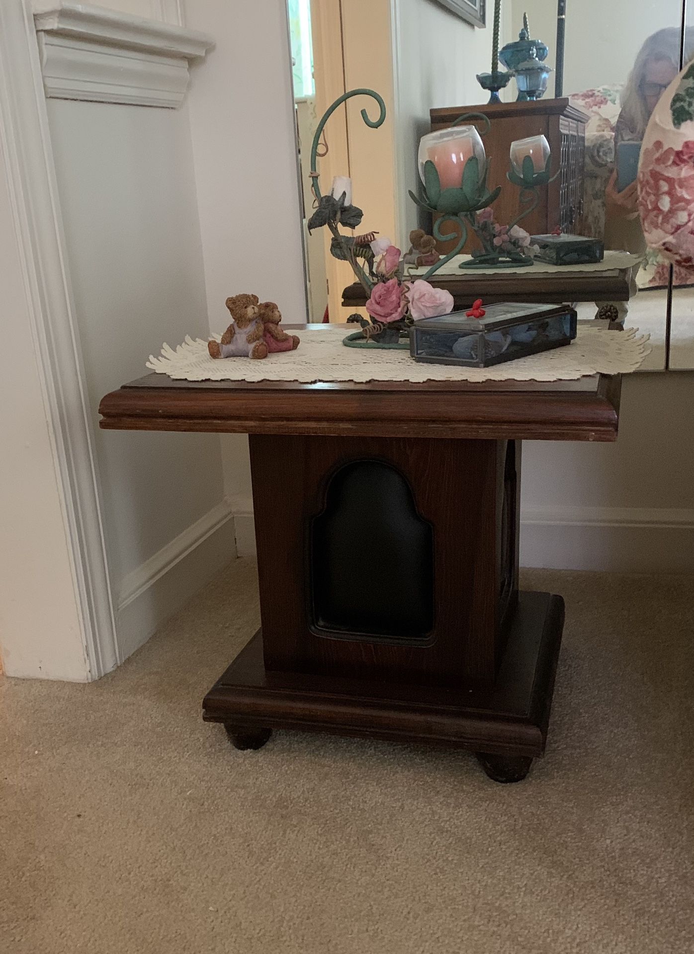 Two Dark Wood End Tables with leather inserts