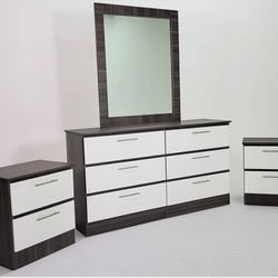 Dresser with Mirror anɗ 2 Nightstands (Dark Gray with White)