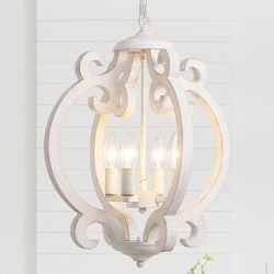 4-Light White Chandeliers for Dining Room, French Country Lighting Fixtures, Vintage Shabby Chic Wooden Rustic Farmhouse Chandelier for Kitchen L9