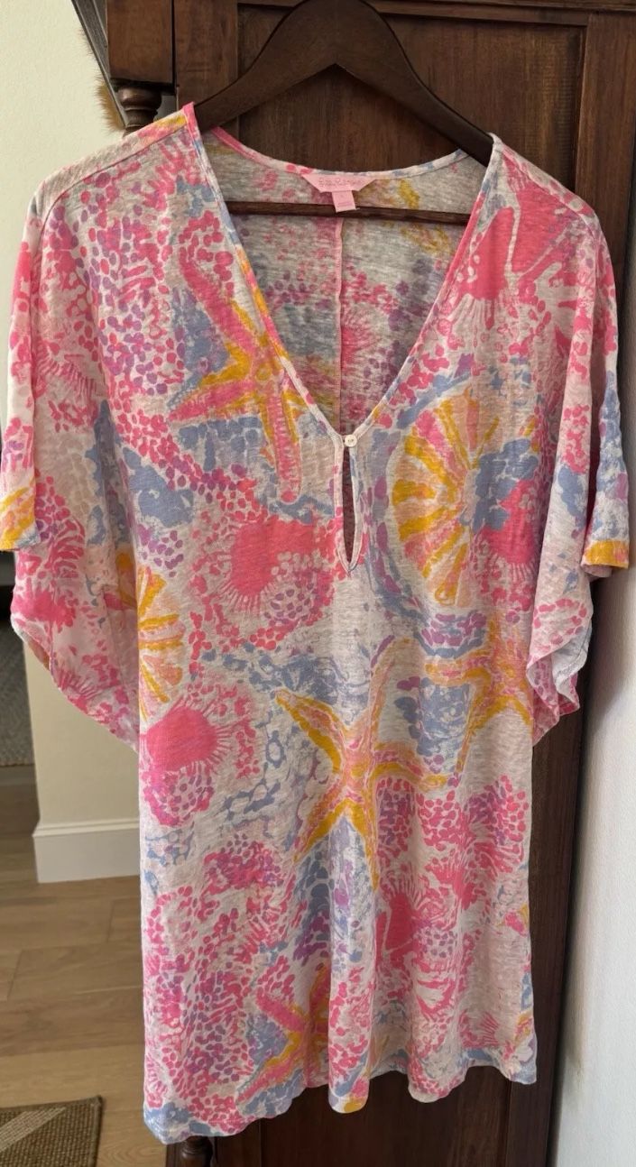 Lilly Pulitzer Beach Coverup Balleta Paradise Pink Bohemian Large Linen Seashell