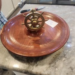 Mid Century Brass Ships Wheel Nautical Theme Nut Cracker With Wooden Bowl