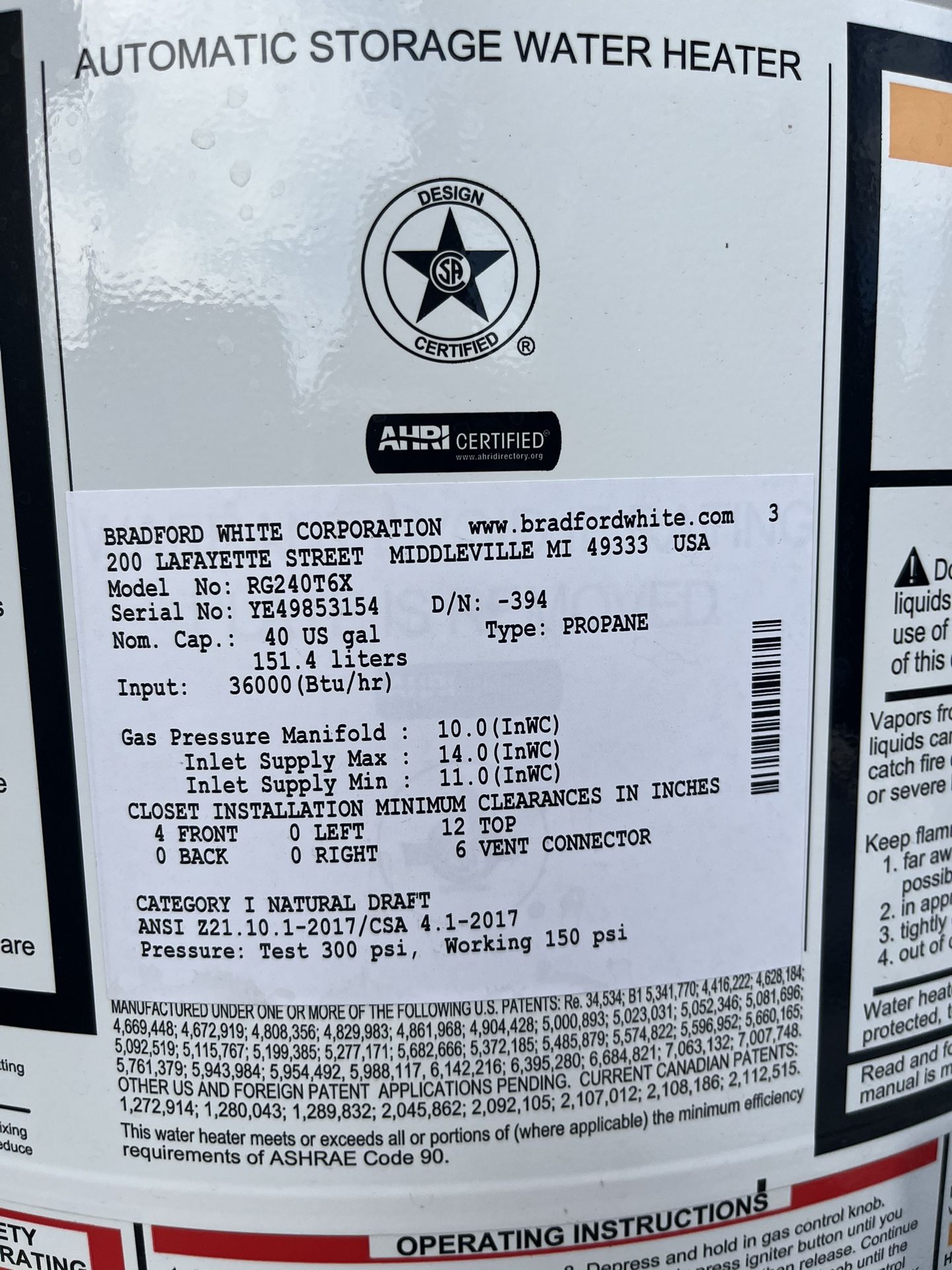 40 Gallon Propane Water Heater.