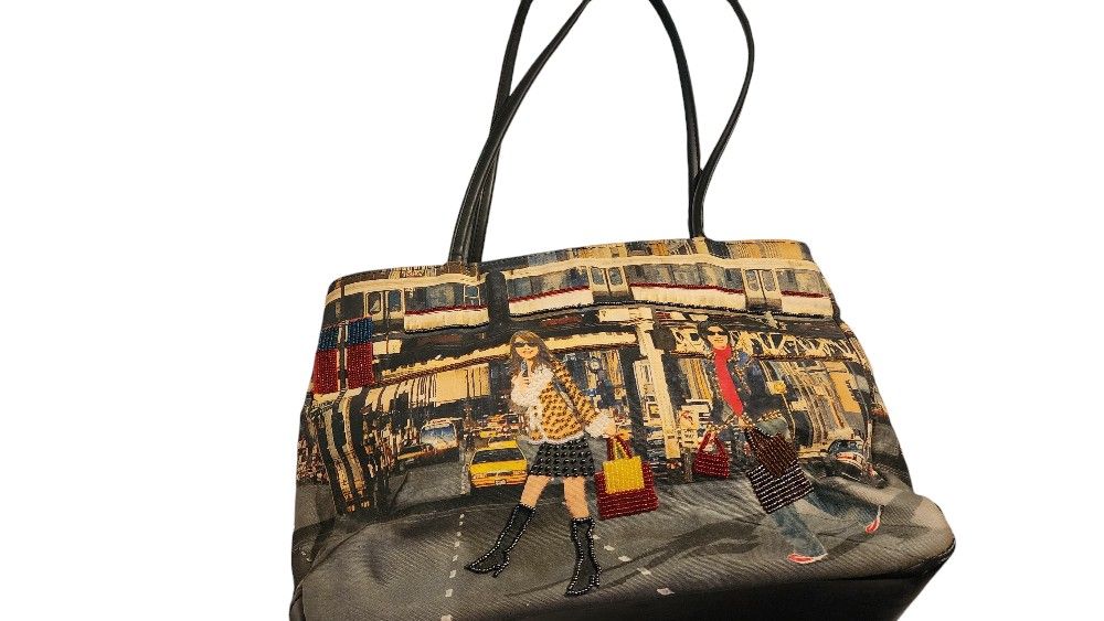 Bueno Canvas Beaded City Scene Tote Handbag