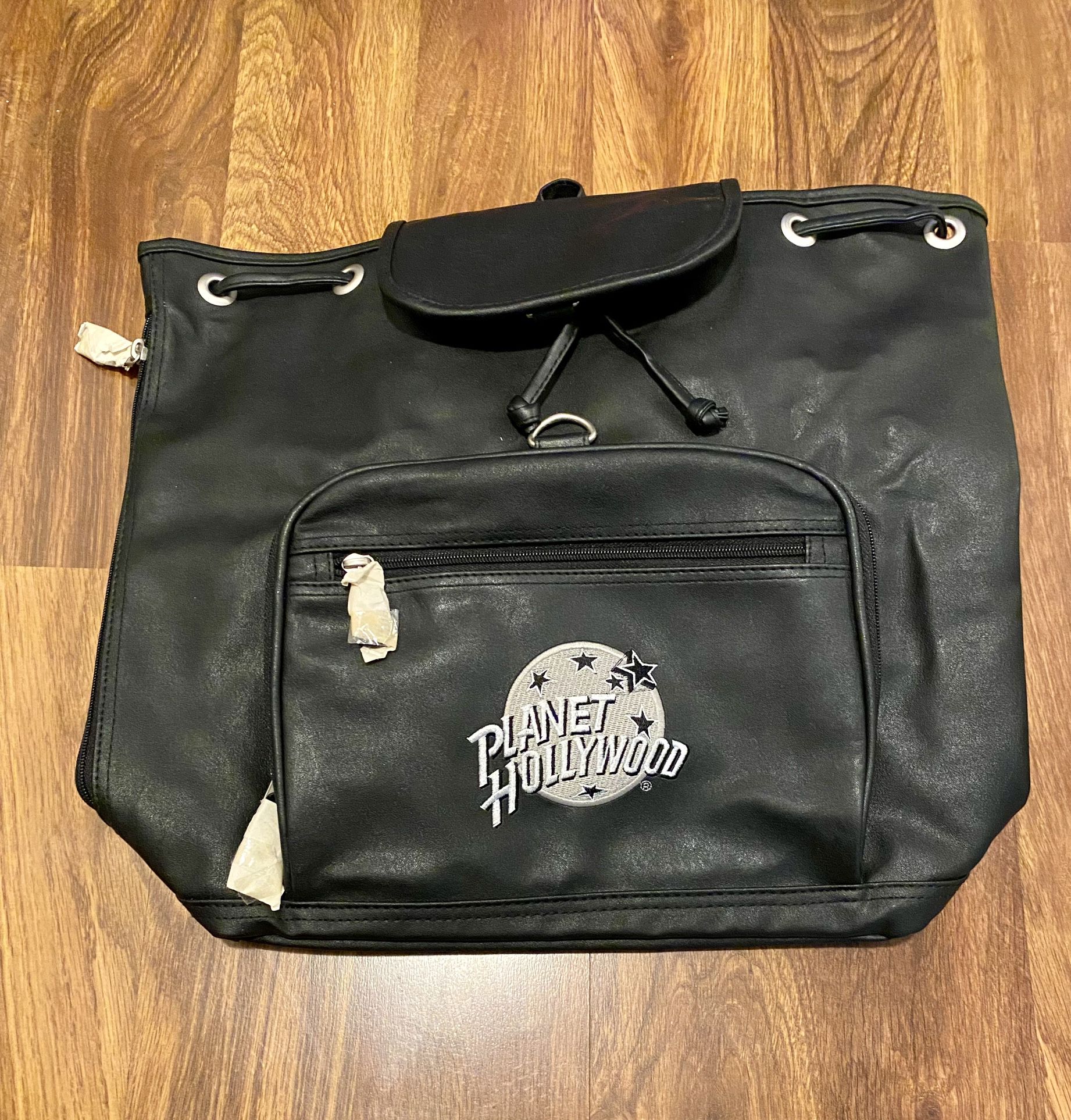 Vintage Planet Hollywood Black Leather Backpack Embroidered Logo Side Zipper NWOT