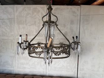 Antique French Bronze Crystal Chandelier | 6-Light Empire Style Ceiling Fixture | Ornate Vintage Lig