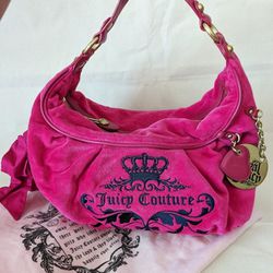 Juicy Couture 2007 Y2K Rare Vintage Black Velour Hobo Shoulder Fuschia Pink Handbag (With Original Dust Bag)