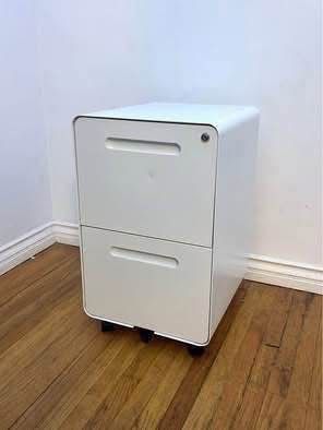 New White Mobile Cabinet with Lock, All Steel Structure Printer Stand, Under Desk Storage