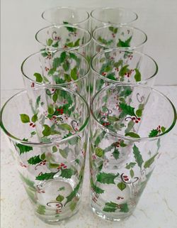 Mid Century Vintage Libbey Barware Holiday Christmas Holly Highball Tumbler Glasses Set of 8🎄 🥂