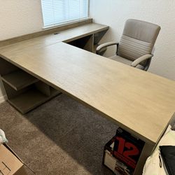 L Shaped Home Desk With Shelves And Leather Chair