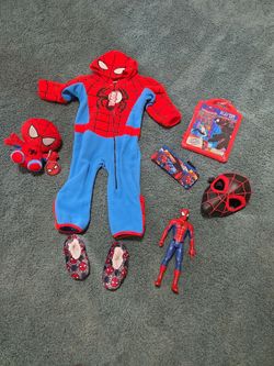 BRAND NEW SPIDERMAN OUTFIT/COSTUME SZ 18-24MOS , SLIPPERS, TOYS SEE DESCRIPTION