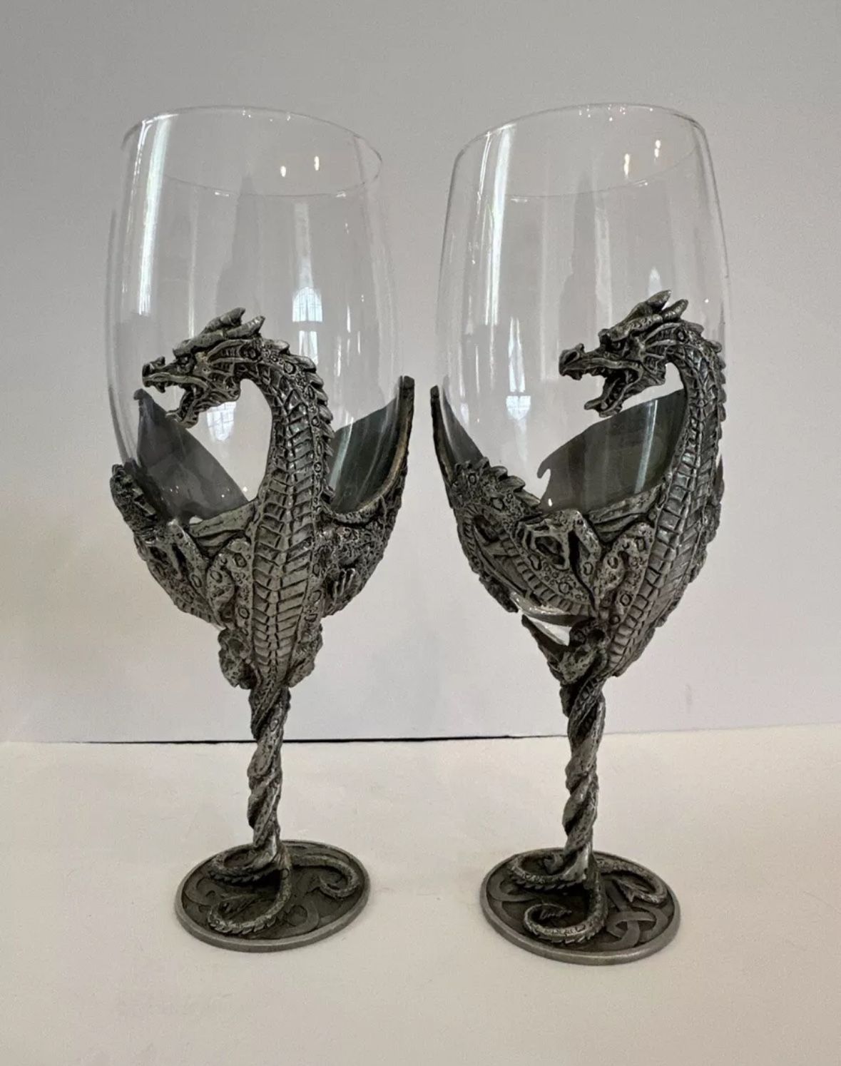 Pair Of Myths & Legends Veronese Pewter and Glass Dragon Wine Glasses Goblets
