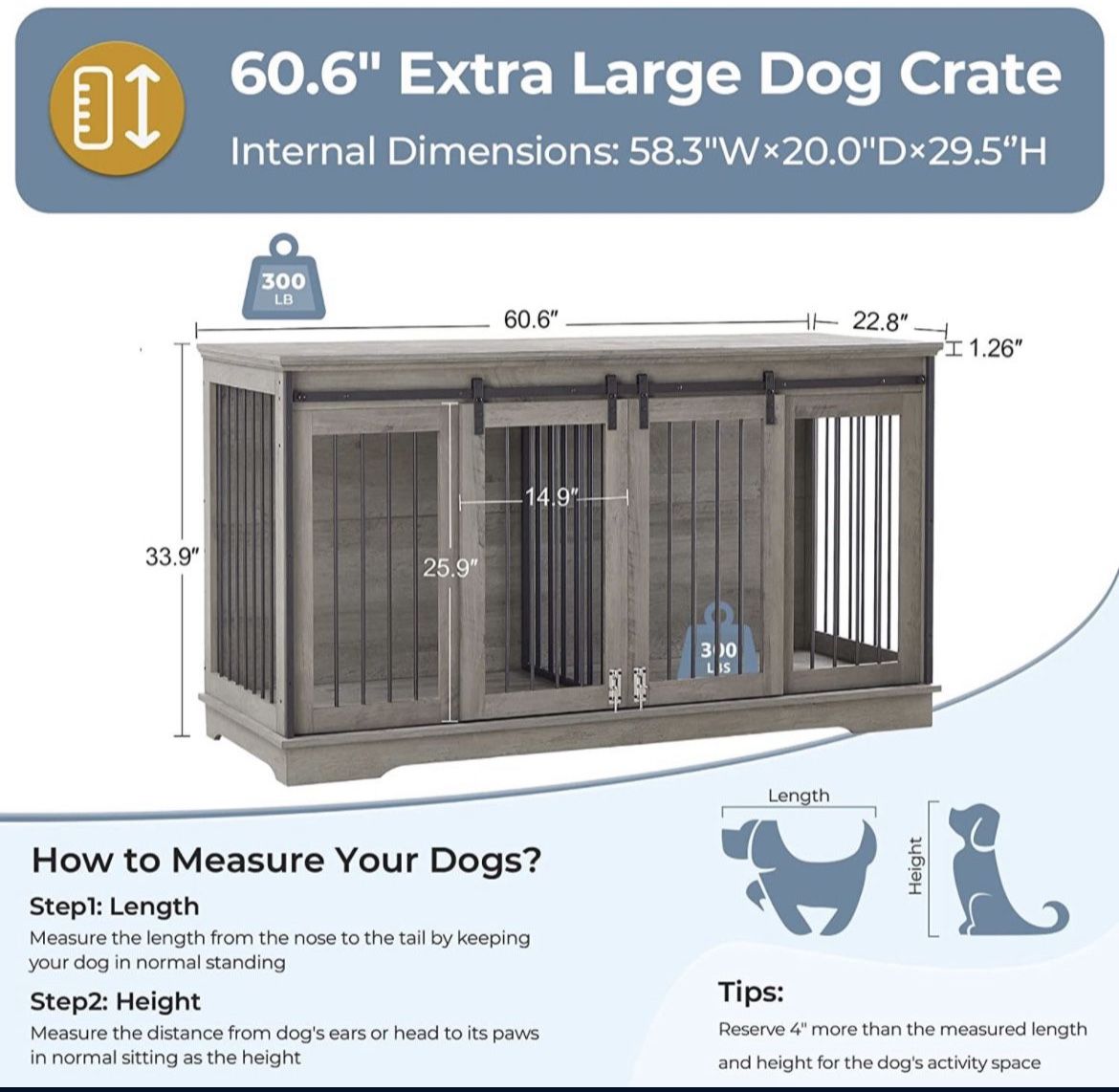 60” Gray 2 Dog Crate w/ Removable Divider & Black Decorative Metal Grates (Dual Purpose Console