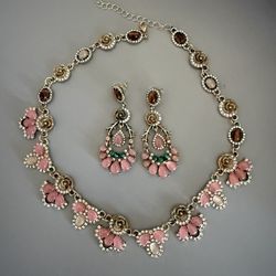 Women’s vintage pink and amber flower jewelry set