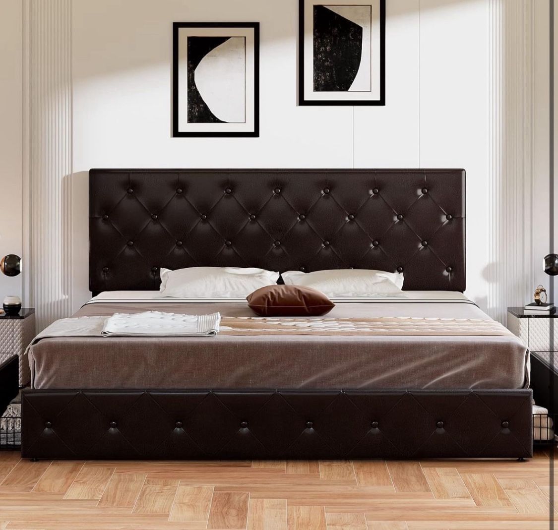 Upholstered King Size Platform Bed Frame with 4 Storage Drawers