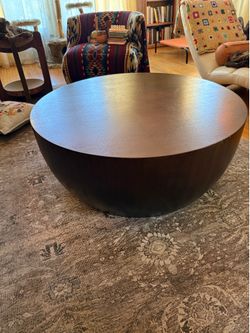 Crate & Barrel Round Drum Coffee Table – Walnut Finish