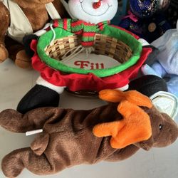 TY Stuffed Animals (4) & A Snowman Candy Dish & Christmas Stuffed Animal 