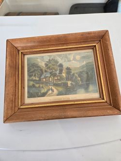 Vintage The Cottage Antique Currier & Ives The Cottage by the Cliff Wood Print Picture